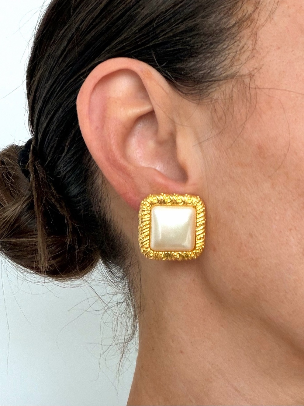 Vintage Square Gold & Pearl Stud Earrings